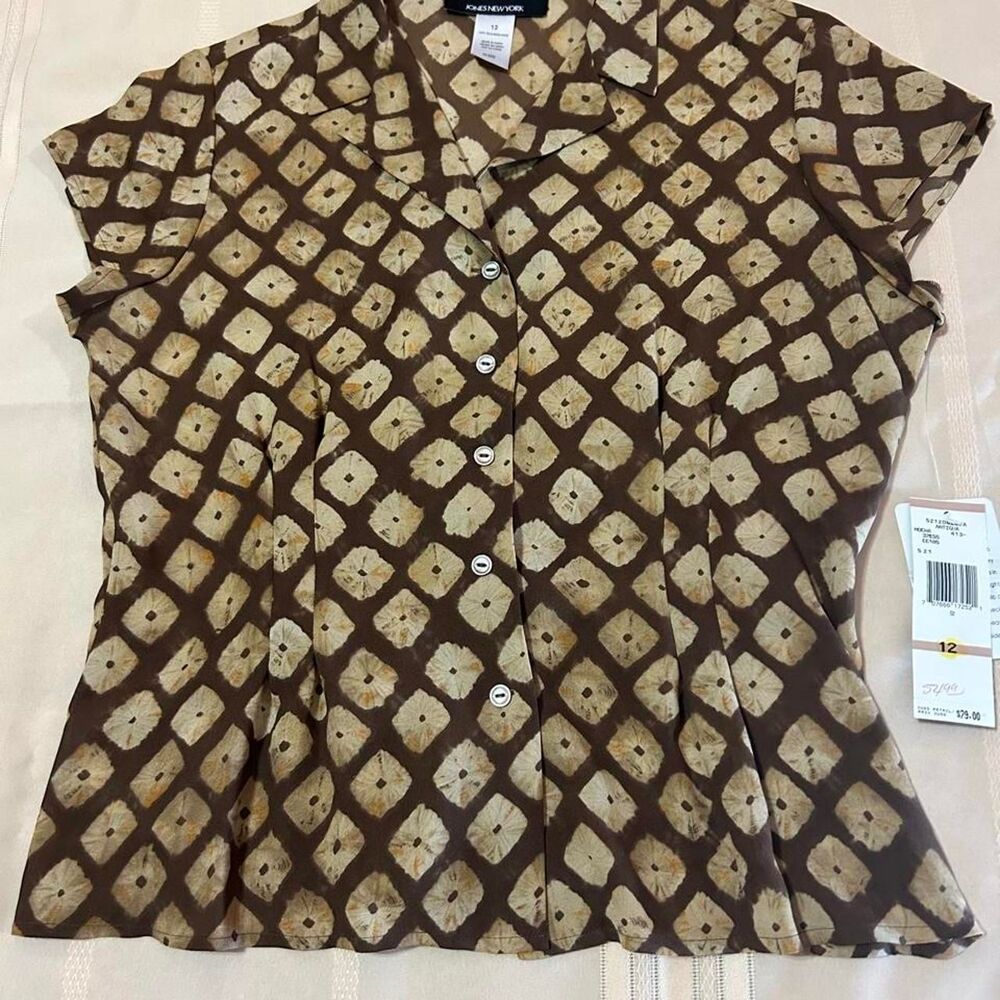 NWT Vintage 90s Jones-new-york Women's Brown Batik Print Silk Blouse Size 12